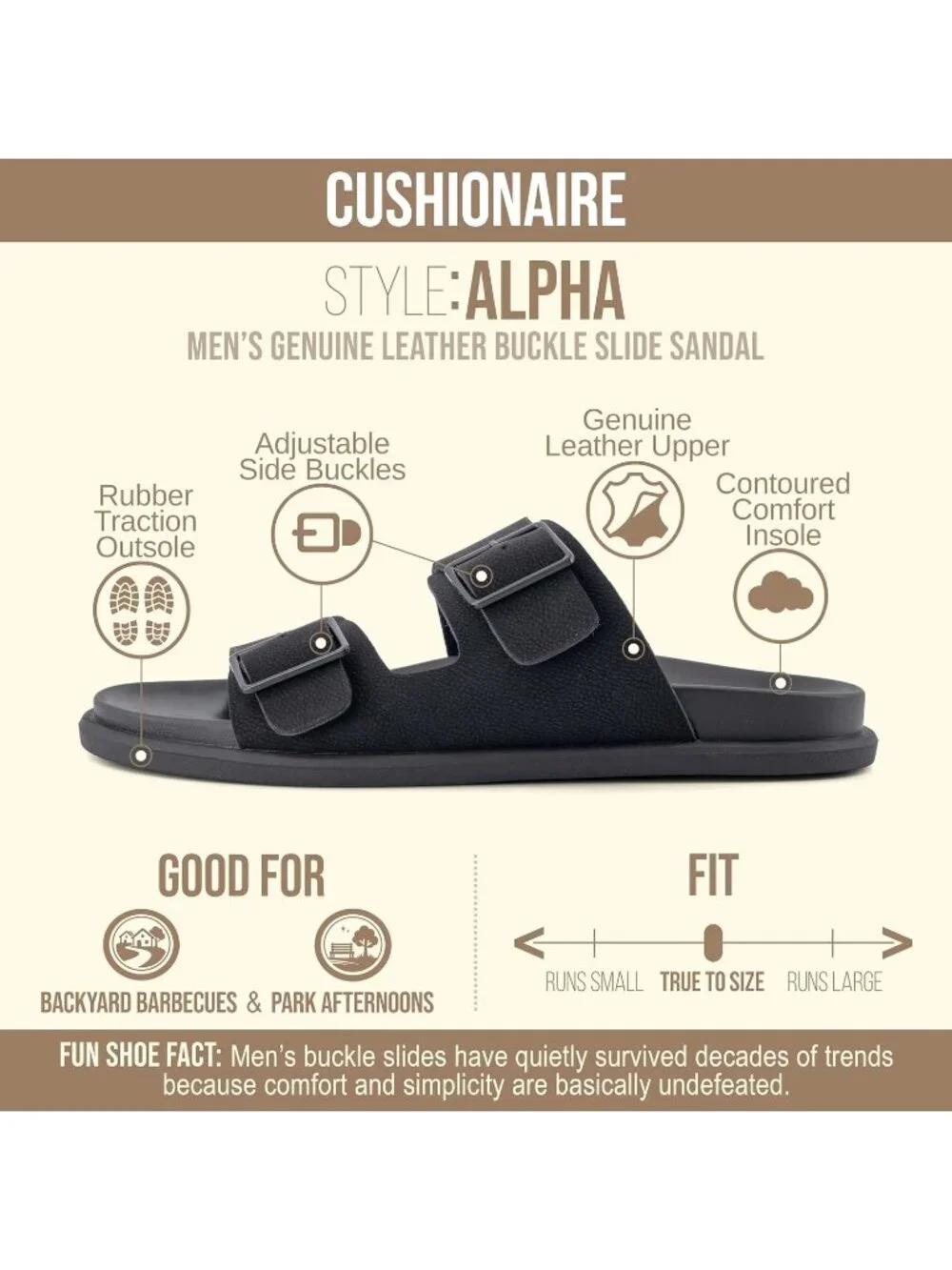 Men's Black Alpha Leather Sandals Casual Slip On Flat Adjustable Buckles